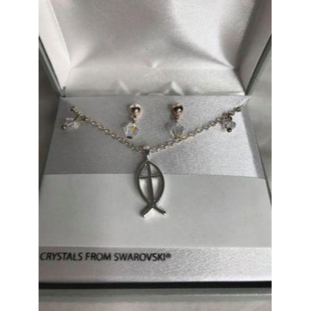 NIB Swarovski religious fish necklace earring set